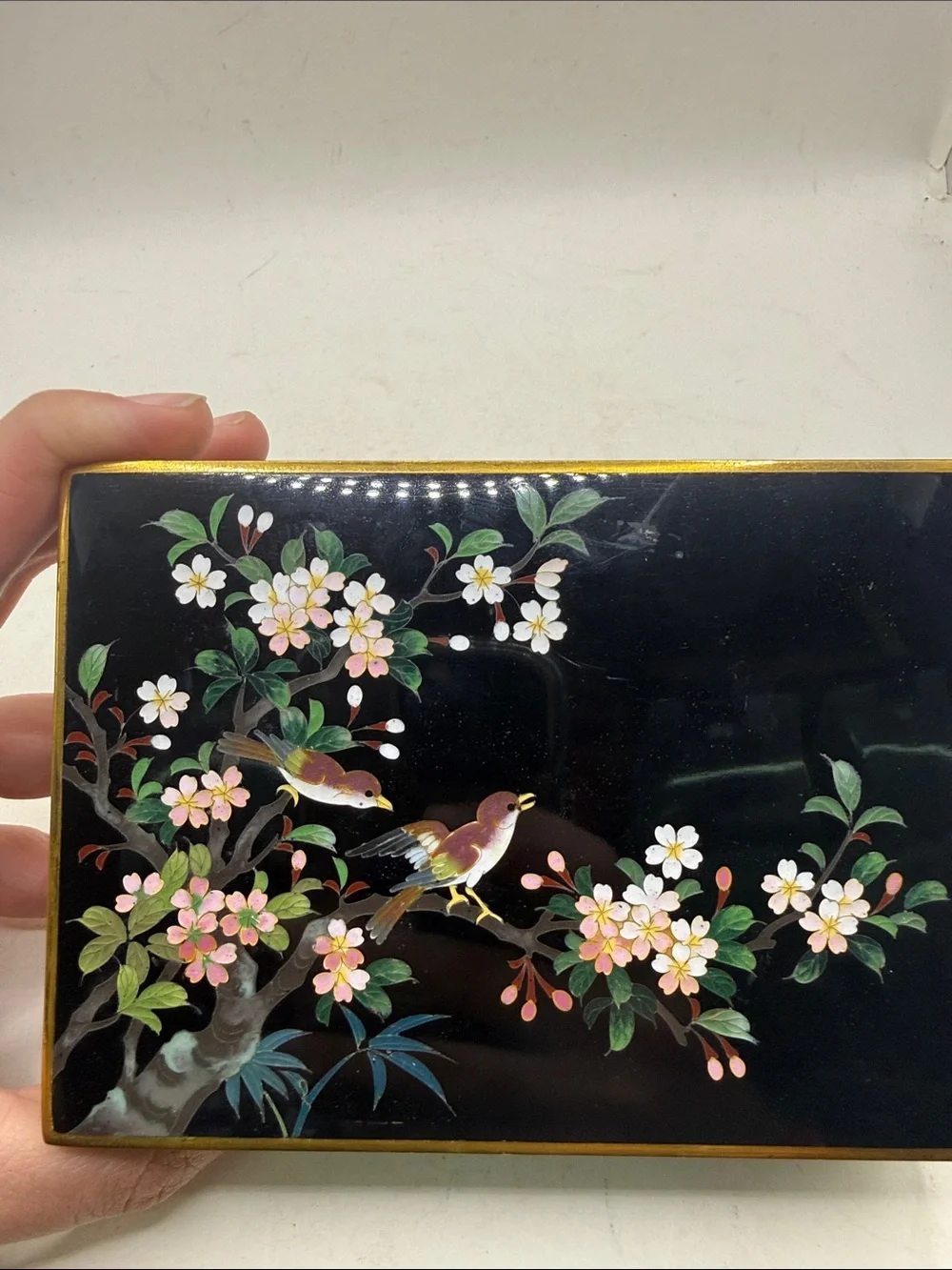 Vtg Japanese Black Lacquer Jewelry  Trinket Box Cherry Blossom Birds Gold Tone